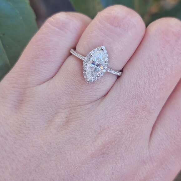 Marquise Cut Moissanite Engagement Ring, Statement, Size 6, Halo, Gift for her - Picture 3 of 7